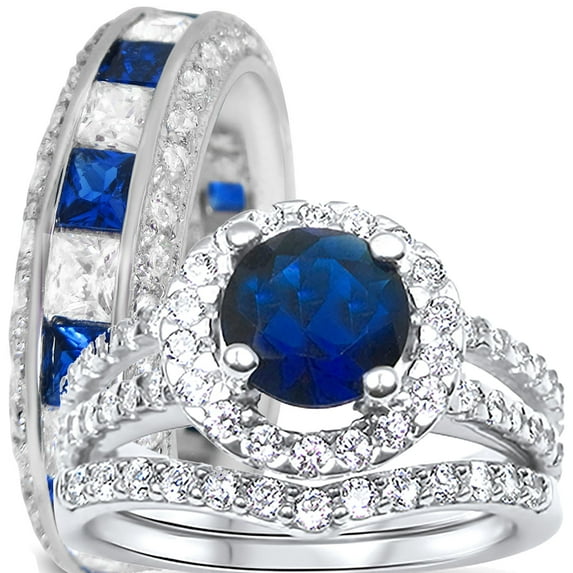 LaRaso & Co Trio His Her Wedding Ring Set, Silver Wedding Bands, Simulated Sapphire Bridal Rings Men Women 10/12