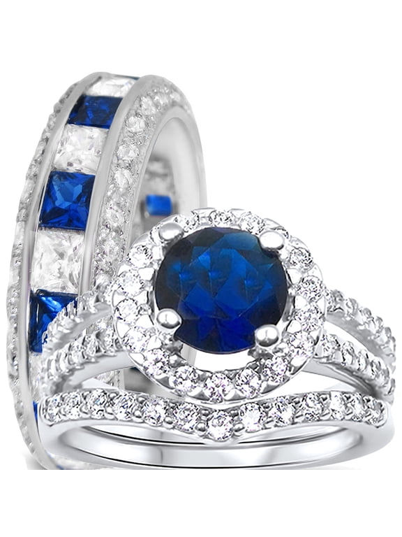 Trio His Her Wedding Ring Set, Silver Wedding Bands, Simulated Sapphire Bridal Rings Men Women 7/10