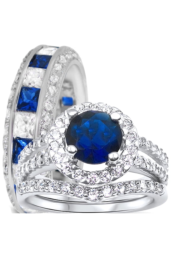 Trio His Her Wedding Ring Set, Silver Wedding Bands, Simulated Sapphire Bridal Rings Men Women 8/12