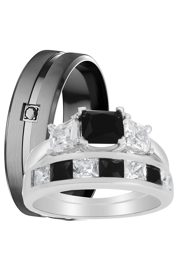 Trio His Her Wedding Rings Set Black Wedding Bands for Women Men