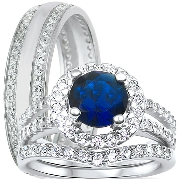 LaRaso & Co Trio His Her Wedding Set Sterling Silver Wedding Rings Blue Simulated Sapphire Bridal Set Men Women 5/8