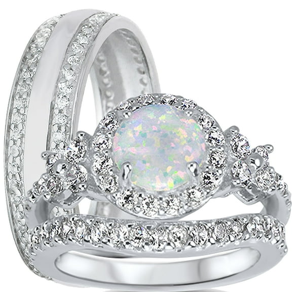 LaRaso & Co Trio His Her Wedding Set Sterling Silver Wedding Rings Lab Created White Opal Bridal Set Men Women 5/8