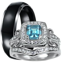 LaRaso & Co Trio His Hers Blue Topaz CZ Silver Wedding Engagement Ring Set for Her Titanium for Him