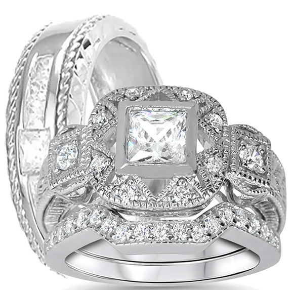 LaRaso & Co Trio Wedding Set His and Hers 925 Sterling Silver Bands Men Women 7/14