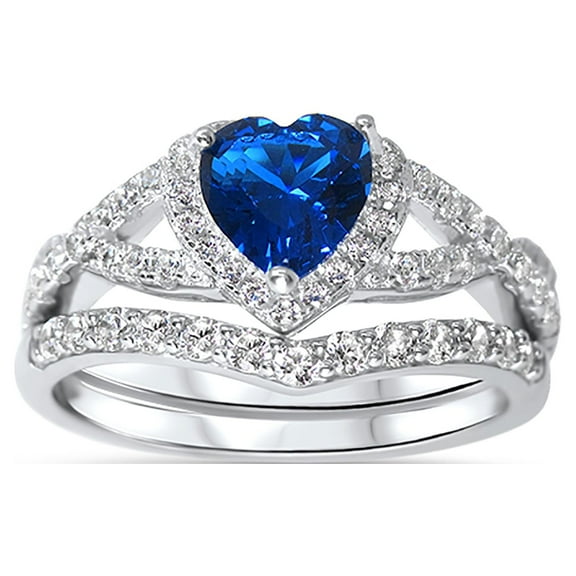 LaRaso & Co Vintage Sterling Silver 1 Carat Simulated Sapphire Heart CZ Wedding Ring Set for Women Size 6