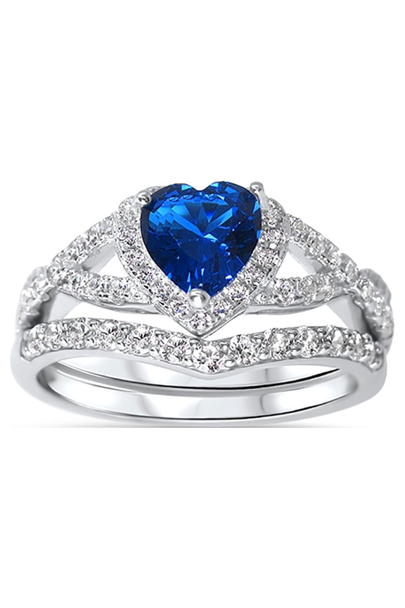 Vintage Sterling Silver 1 Carat Simulated Sapphire Heart CZ Wedding Ring Set for Women Size 6