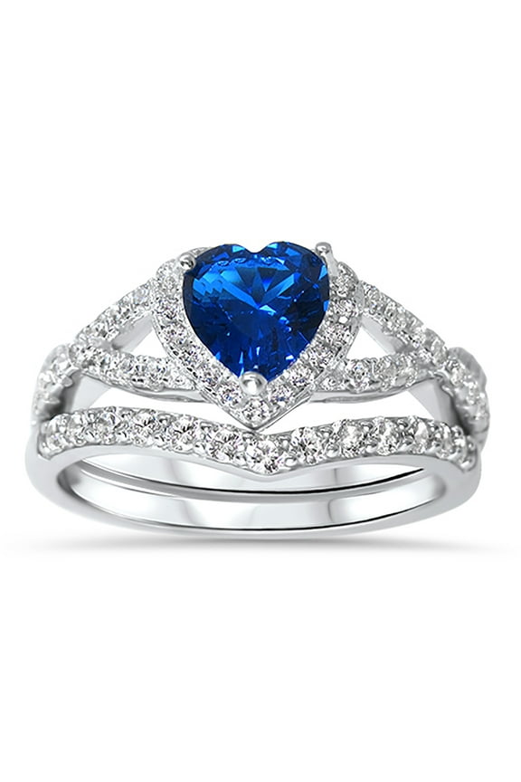 Vintage Sterling Silver 1 Carat Simulated Sapphire Heart CZ Wedding Ring Set for Women Size 7