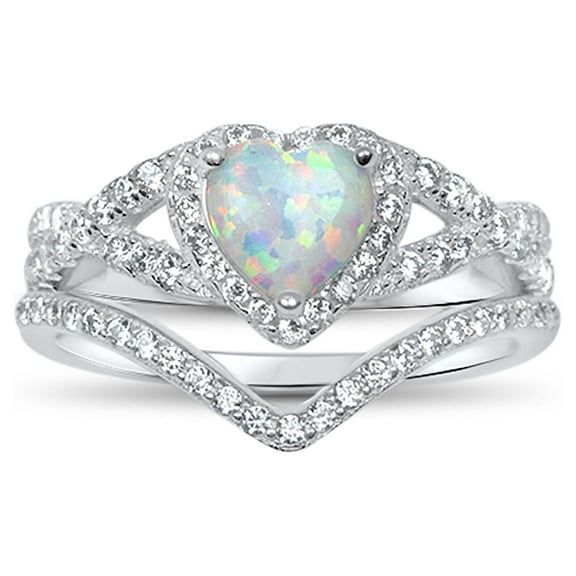 LaRaso & Co Vintage Sterling Silver 1 Carat White Opal Heart Wedding Engagement Ring Set for Women Size 6