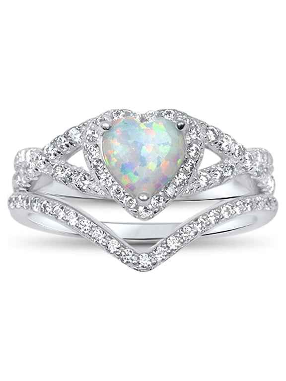 Vintage Sterling Silver 1 Carat White Opal Heart Wedding Engagement Ring Set for Women Size 7
