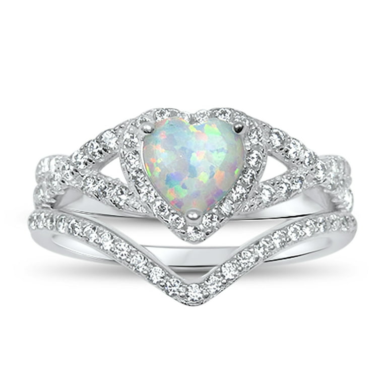 LaRaso & Co Vintage Sterling Silver 1 Carat White Opal Heart Wedding  Engagement Ring Set for Women Size 8