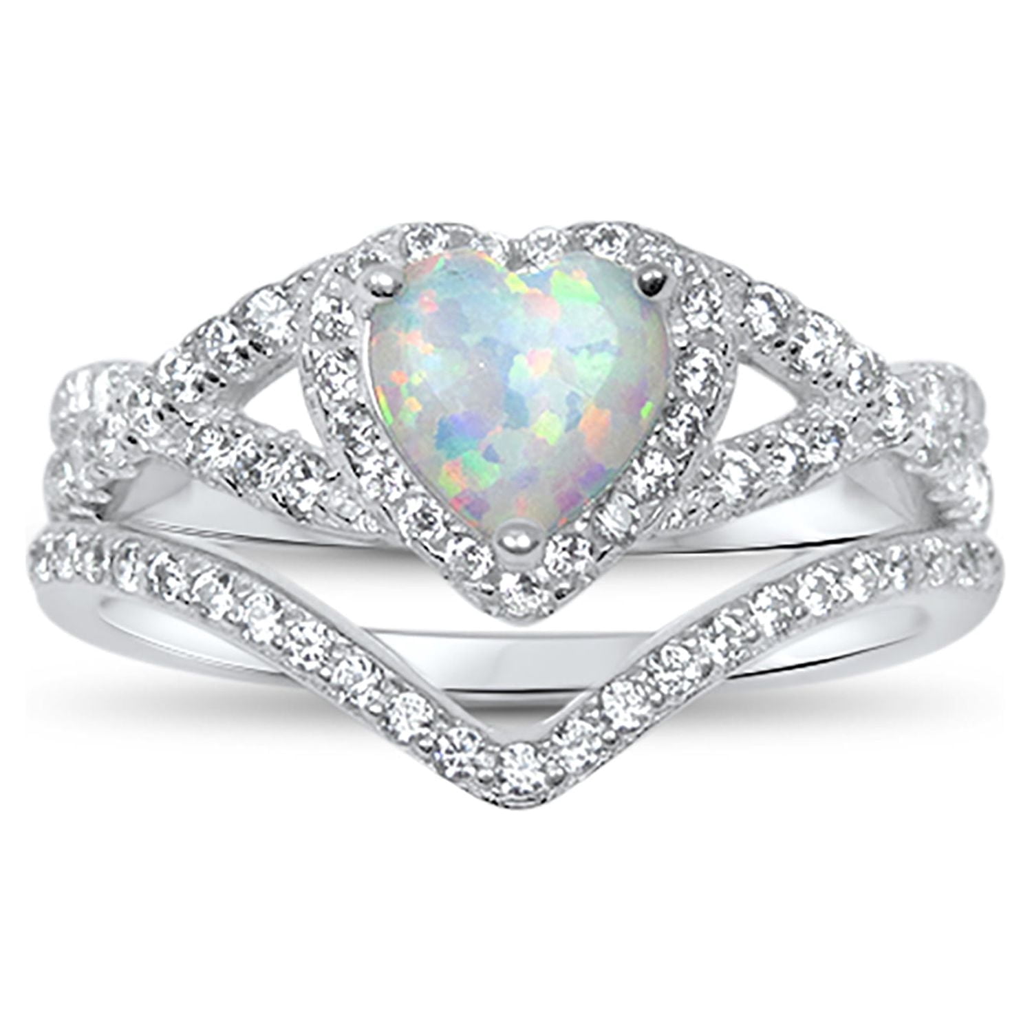 LaRaso & Co Vintage Sterling Silver 1 Carat White Opal Heart Wedding Engagement Ring Set for Women Size 8