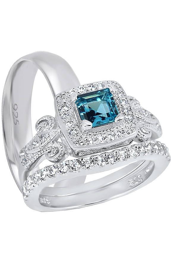 Wedding Ring Set His Hers 925 Silver Blue Topaz CZ Engagement TRIO Set Him Her 6/11