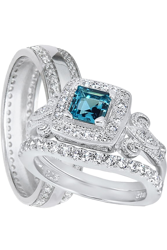 Wedding Ring Set His Hers 925 Silver Blue Topaz CZ Engagement TRIO Set Him Her 7/12