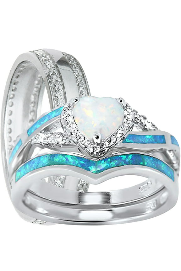 Wedding Ring Set His Hers Sterling Silver Opal CZ Engagement TRIO Set Him Her 11/10
