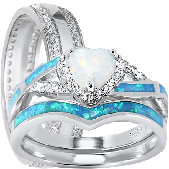 LaRaso & Co Wedding Ring Set His Hers Sterling Silver Opal CZ Engagement TRIO Set Him Her 7/10