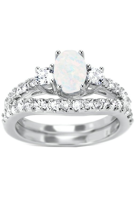 Wedding Ring Set for Women White Opal and Topaz in 925 Sterling Silver Size 9