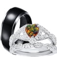 thumbnail image 1 of LaRaso & Co Unique His Her Wedding Ring Set Fire Opal Heart Silver Black Titanium Modern Rings, 1 of 3