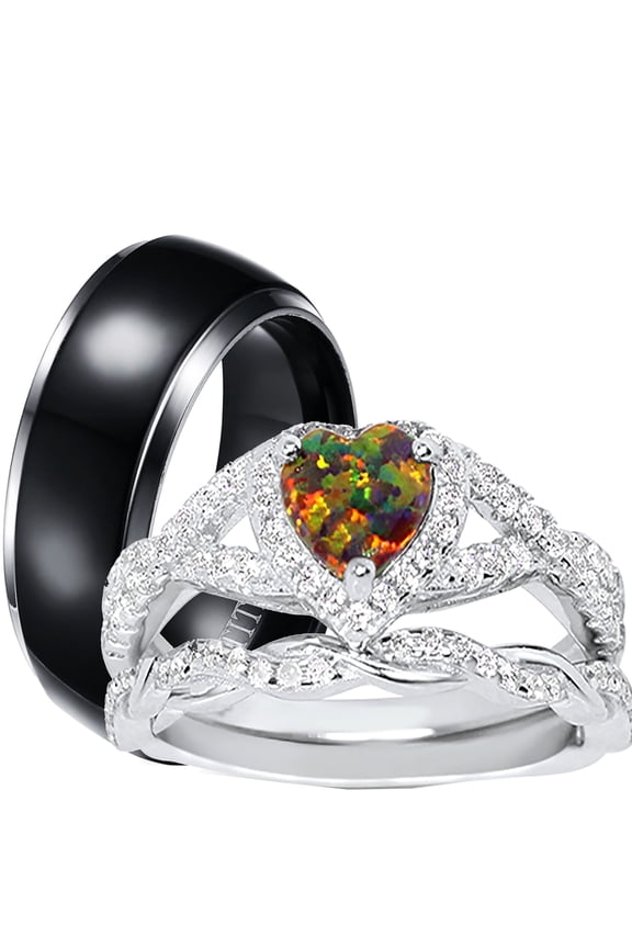 Unique His Her Wedding Ring Set Fire Opal Heart Silver Black Titanium Modern Rings
