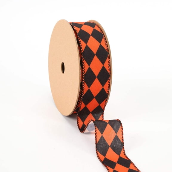 LaRibbons 1 1/2" Faux Linen Wired Ribbon | Rhombus Orange/Black | 10 Yard Roll