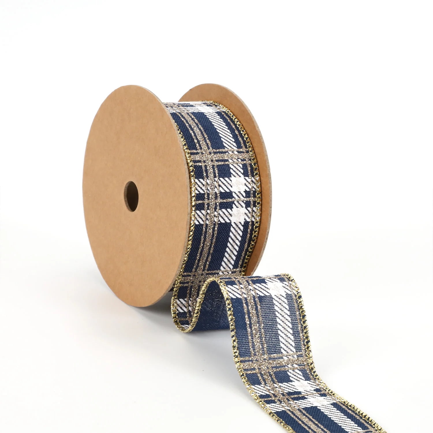 LaRibbons 1 1/2" Printed Wired Ribbon | Plaid Blue/White/Gold | 10 Yard Roll