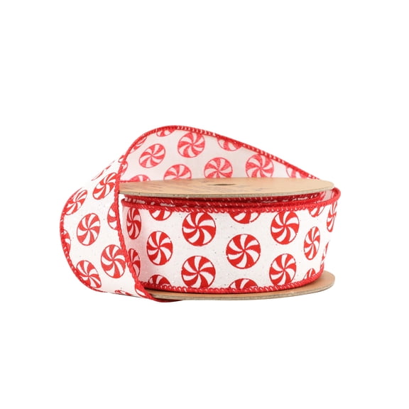 LaRibbons 1 1/2" Wired Ribbon, All Over Peppermint on White Glitter, 10 Yard Roll