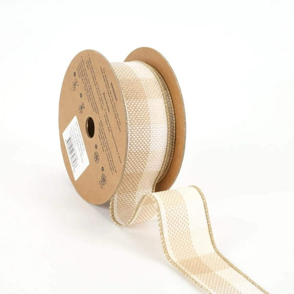LaRibbons 1 1/2" Wired Ribbon | "Check" Natural/White | 10 Yard Roll
