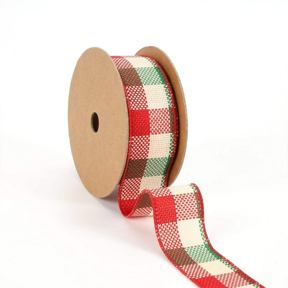 LaRibbons 1 1/2" Wired Ribbon | "Check" White/Red/Green | 10 Yard Roll