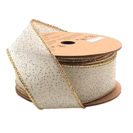 LaRibbons 1 1/2" Wired Ribbon | "Glitter Linen" White/Gold | 10 Yard Roll