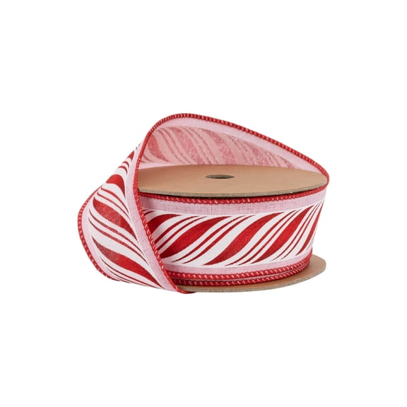 LaRibbons 1 1/2" Wired Ribbon, Peppermint Sticks on Pink, 10 Yard Roll