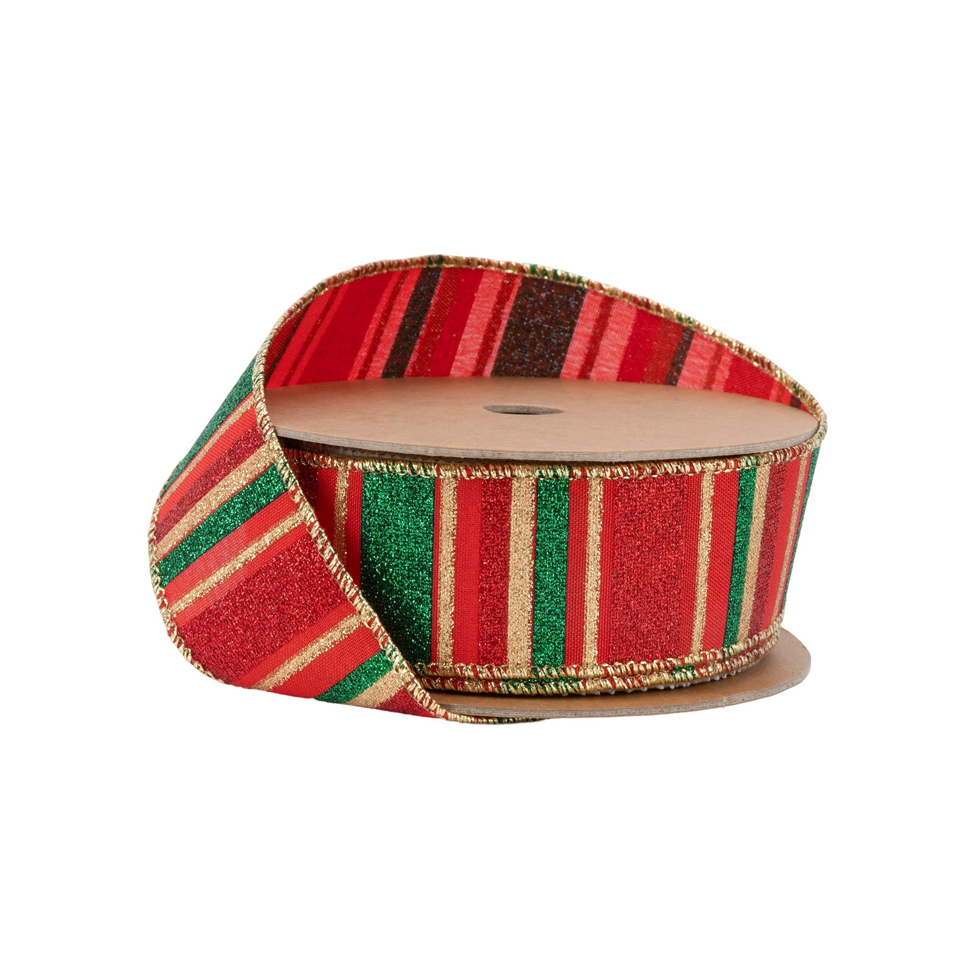 LaRibbons 1 1/2" Wired Ribbon, Red, Green, Gold Horizontal Glittered Stripes on Red, 10 Yard Roll