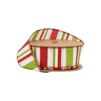 LaRibbons 1 1/2" Wired Ribbon, Red, Green, White Horizontal Glittered Stripes on White, 10 Yard Roll
