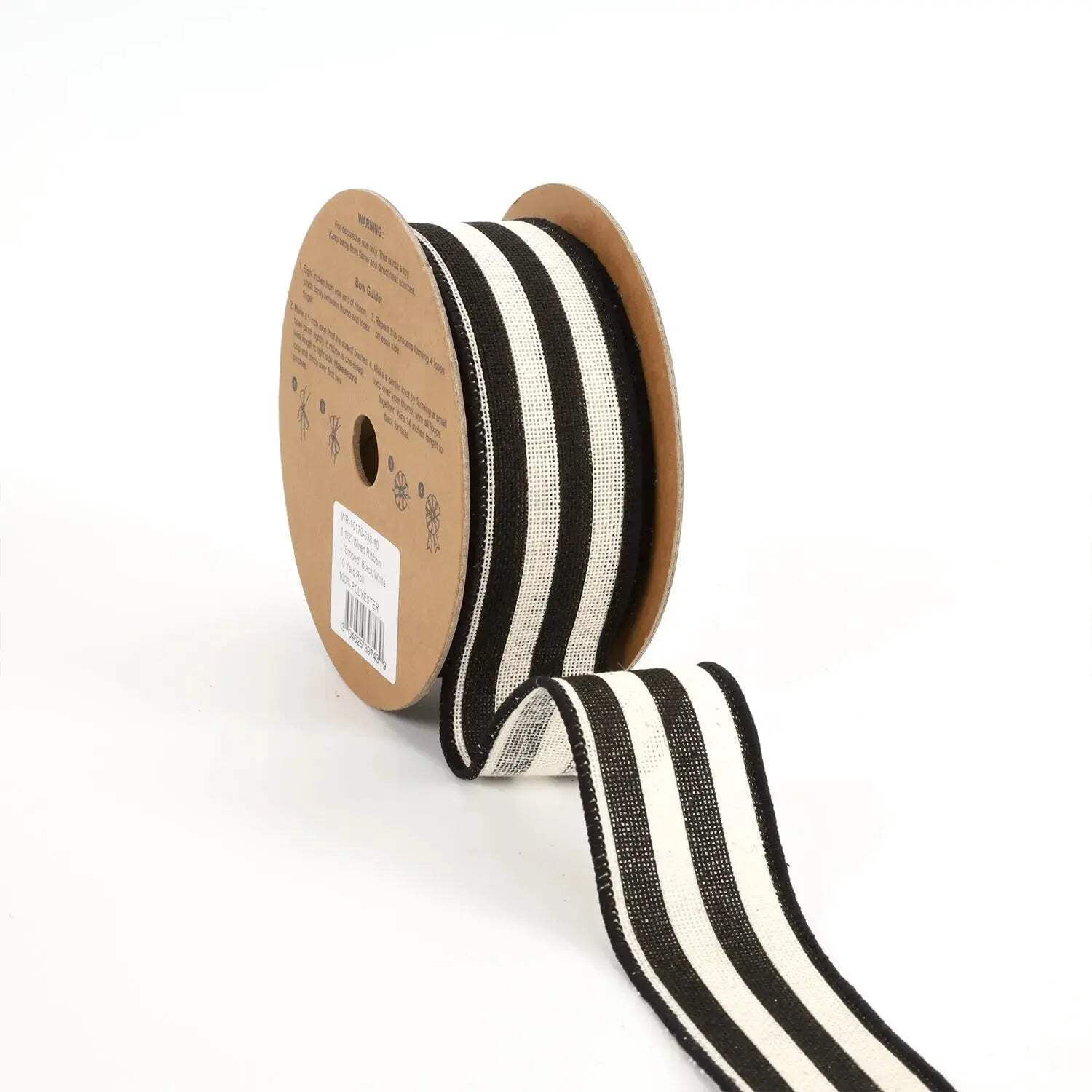 LaRibbons 1 1/2" Wired Ribbon "Striped" Black/White, 10 Yard Roll