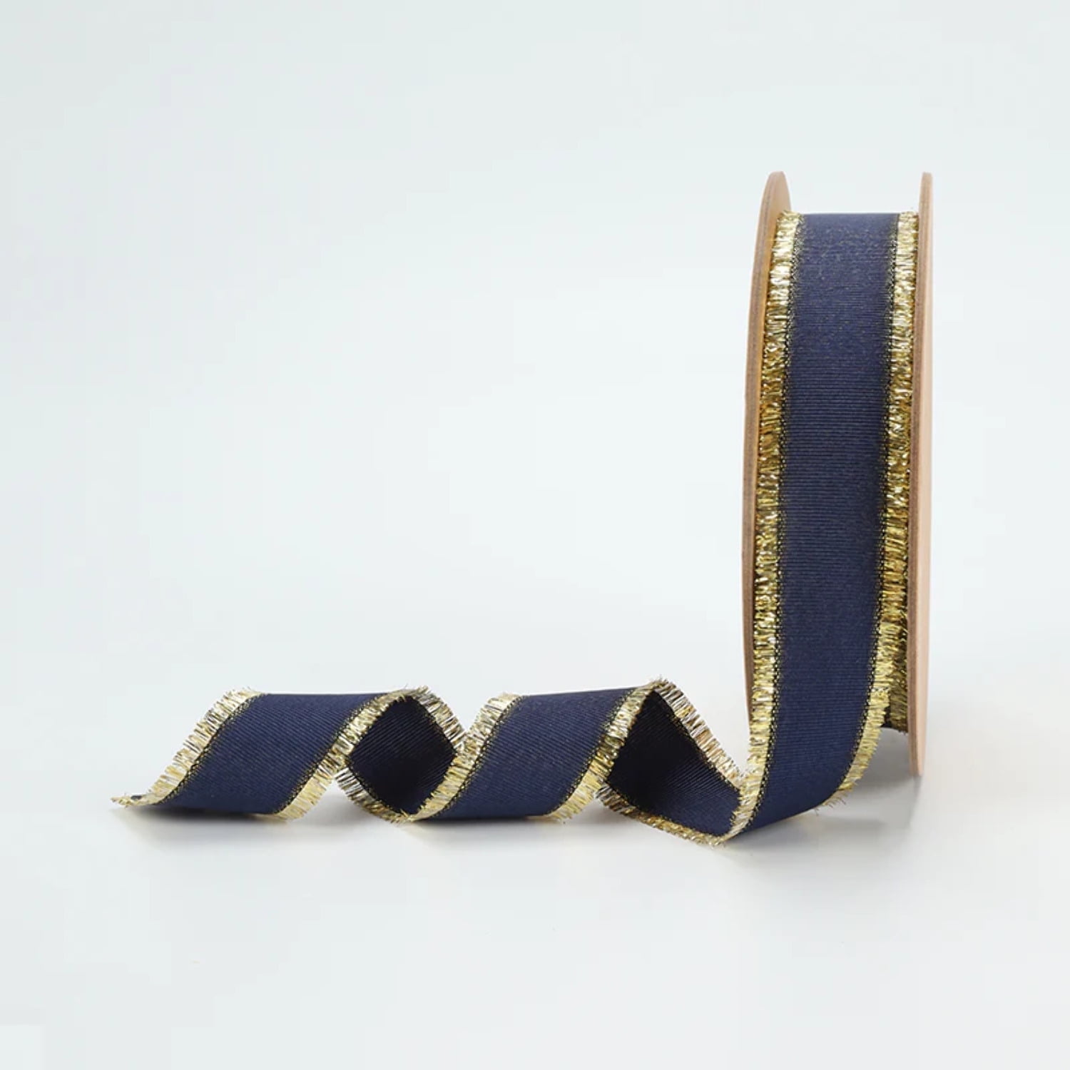 LaRibbons 1" Textured Grosgrain Ribbon | Gold Metallic Fringe Navy | 25 Yard Roll