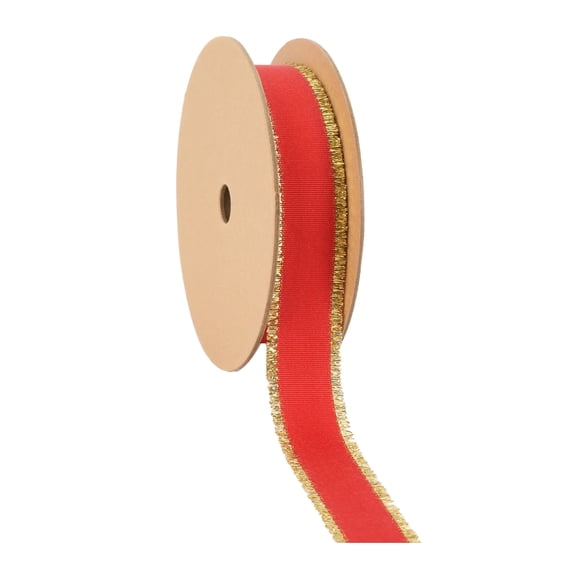LaRibbons 1" Textured Grosgrain Ribbon | Gold Metallic Fringe Red | 25 Yard Roll