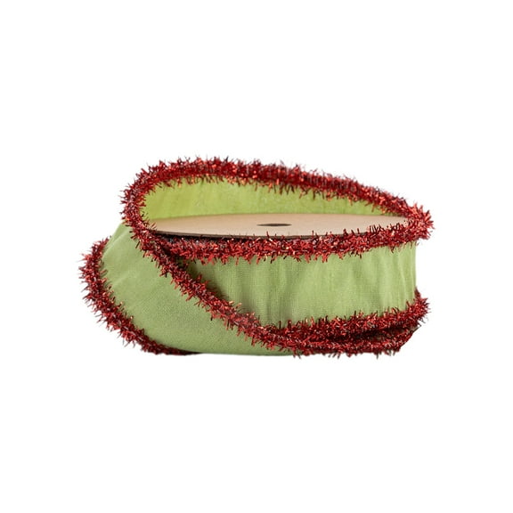 LaRibbons 1" Wired Dupioni Ribbon, Green Apple w/ Red Tinsel Edging, 10 Yard Roll