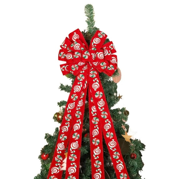 LaRibbons 13" Decorative Christmas Tree Topper Bow (2.5" Wired Ribbon) | "Puff Print Candy" Red Flocked