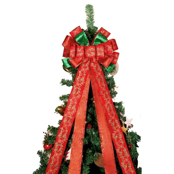 LaRibbons 13" Christmas Tree Topper Bow, 2.5" Wired Ribbon, Red/Green Glitter Printed Floral