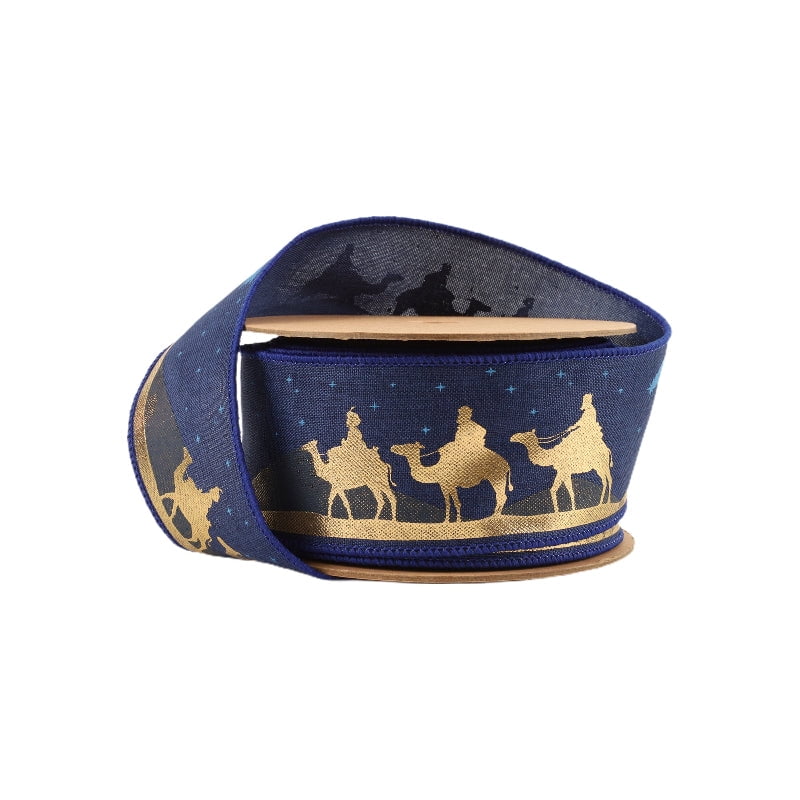 LaRibbons 2 1/2" Faux Linen Wired Ribbon, Blue w/ Gold Print Three Wise Men, 10 Yard Roll