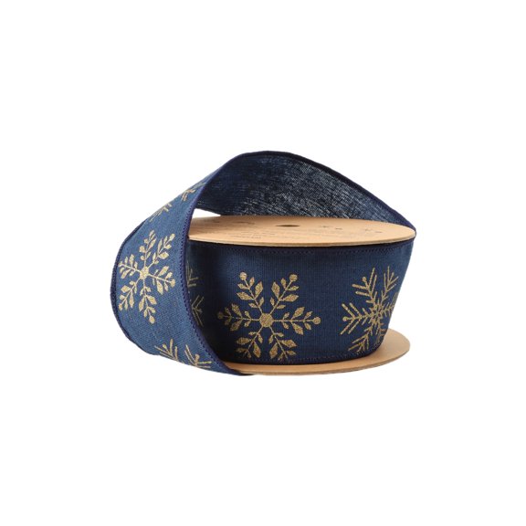 LaRibbons 2 1/2" Faux Linen Wired Ribbon, Blue w/ Gold Stamping Snowflakes, 10 Yard Roll