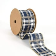 LaRibbons 2 1/2" Printed Wired Ribbon | Plaid Blue/White/Gold | 10 Yard Roll