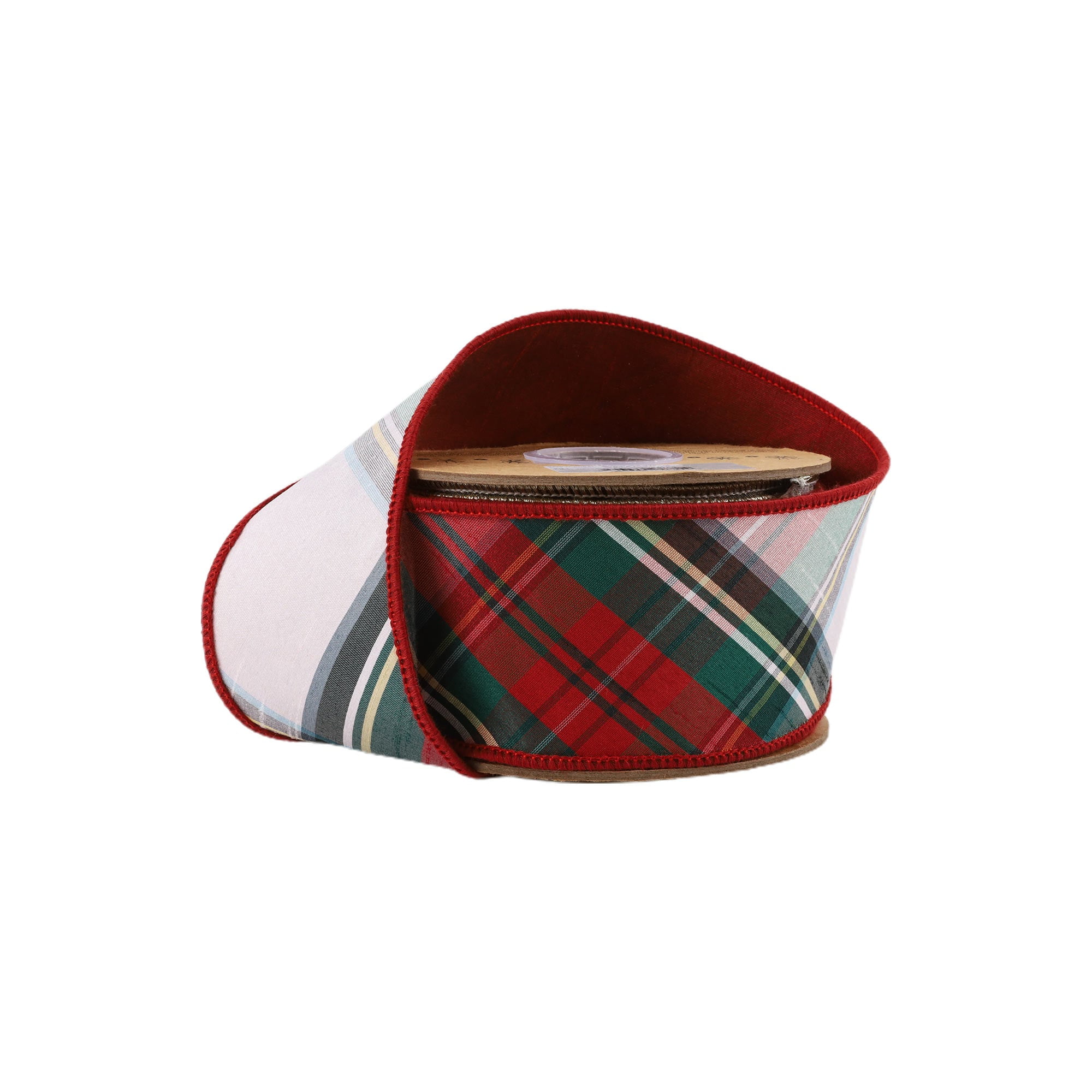 LaRibbons 2 1/2" Wired Dupioni Ribbon, Burgundy/Green/White Plaid Bias Cut, 5 Yard Roll