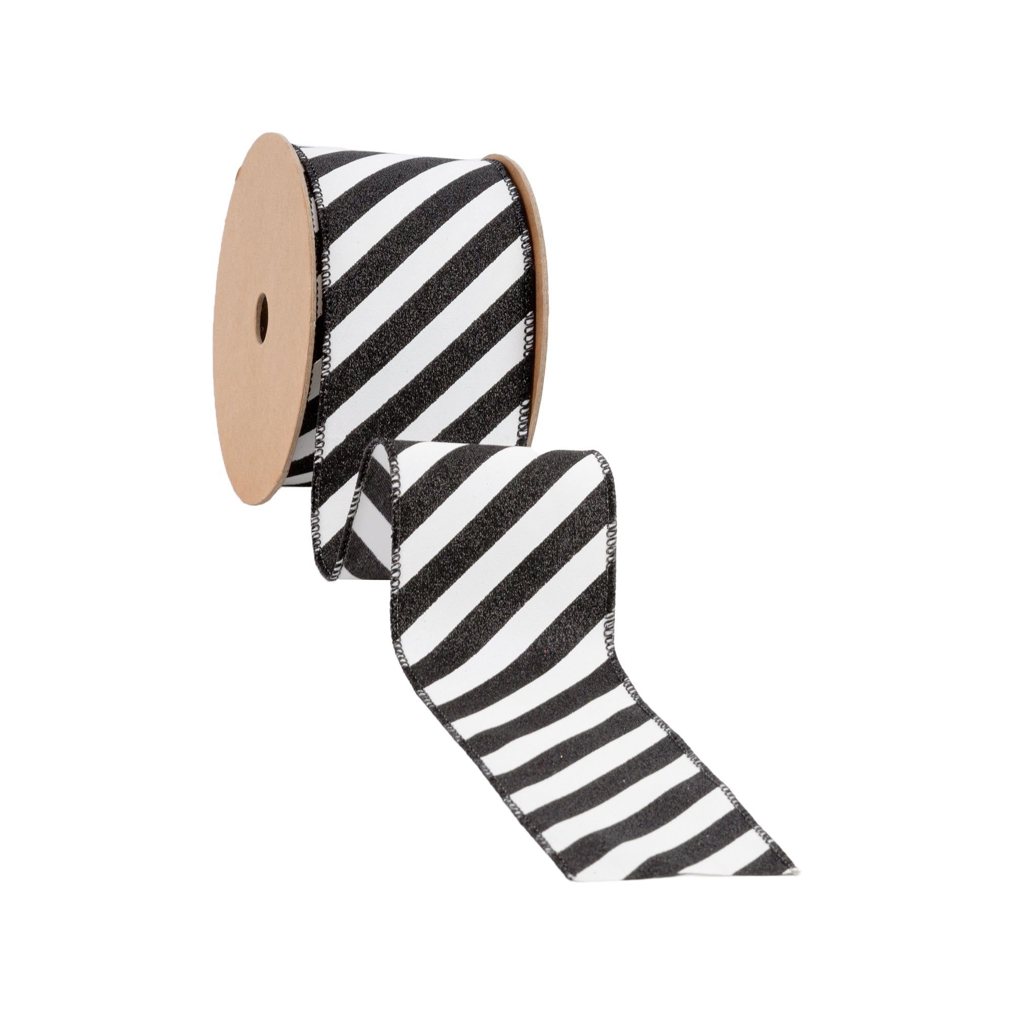 LaRibbons 2 1/2" Wired Ribbon, Black Glittered Diagonal Stripes on White, 10 Yard Roll