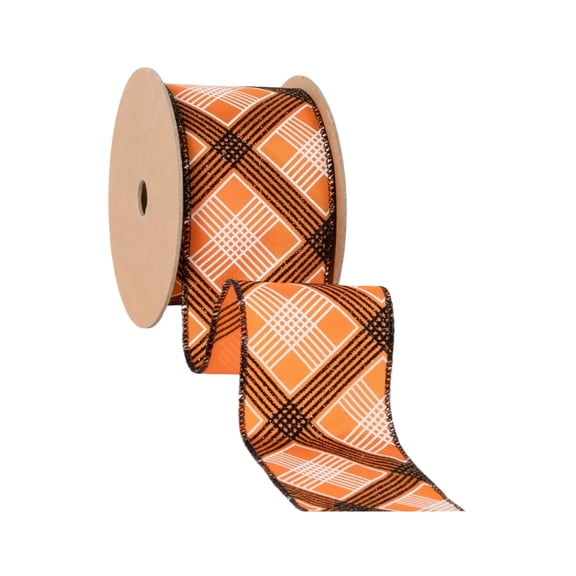 LaRibbons 2 1/2" Wired Ribbon, Black/White Bias Plaid on Orange, 10 Yard Roll