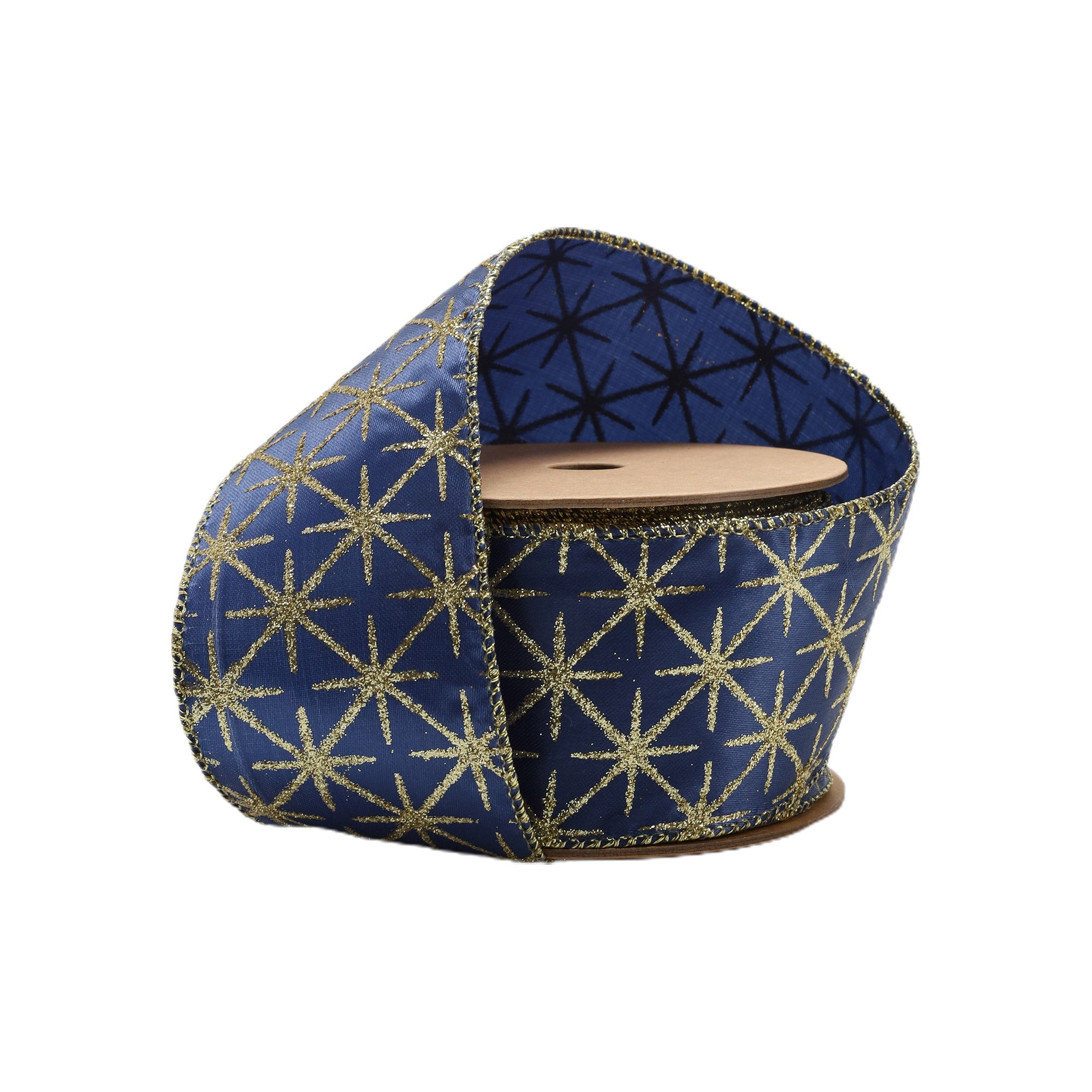 LaRibbons 2 1/2" Wired Ribbon, Blue Satin with Gold Stars, 10 Yard Roll