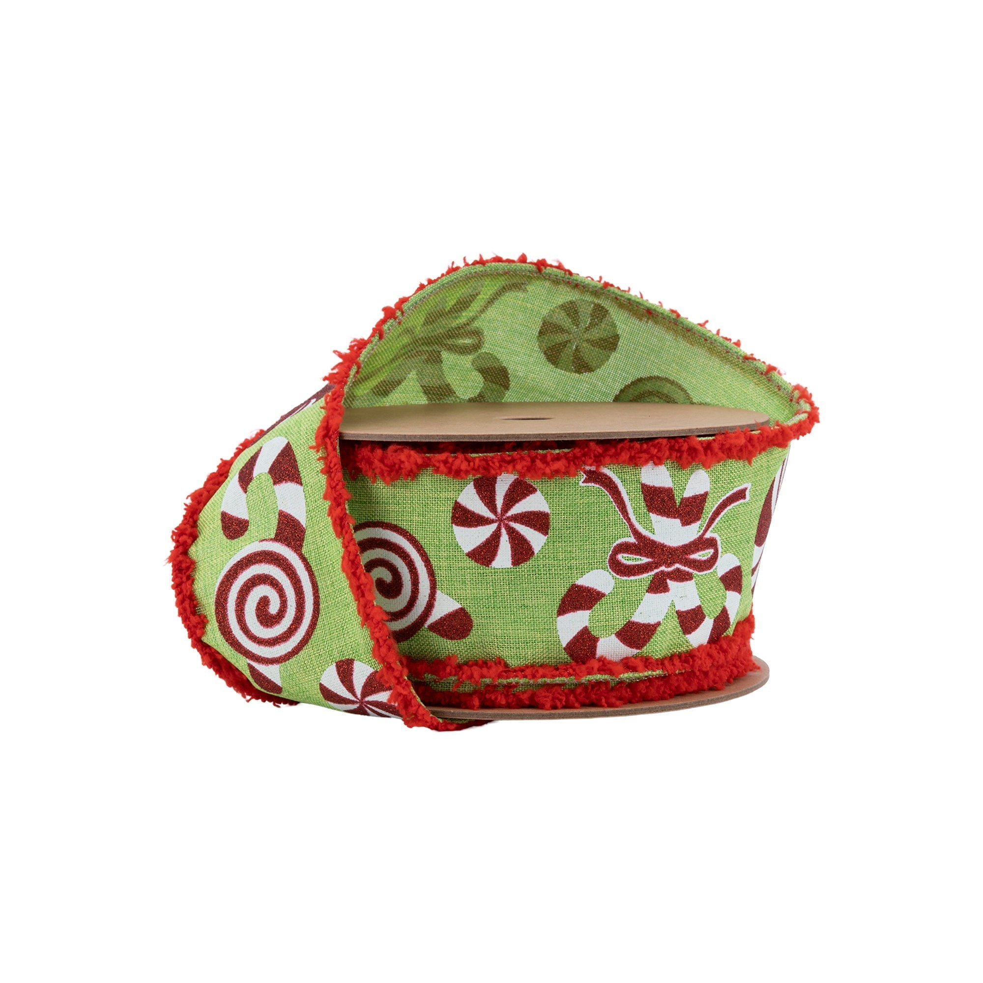 LaRibbons 2 1/2" Wired Ribbon, Candy Cane with Red Fuzzy Edge, 10 Yard Roll