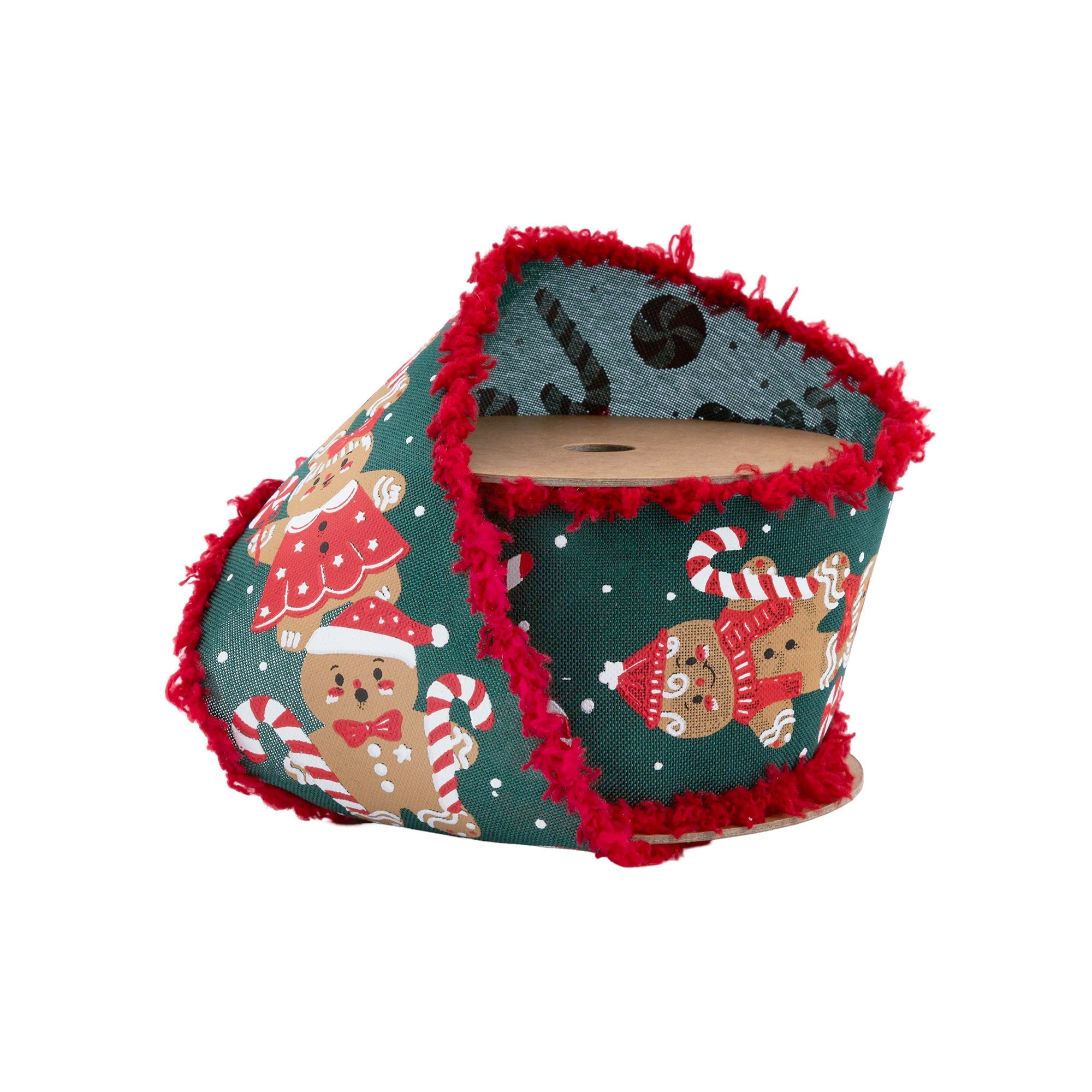 LaRibbons 2 1/2" Wired Ribbon, Gingerbread Man/Candy Cane with Fuzzy Edge, 10 Yard Spool