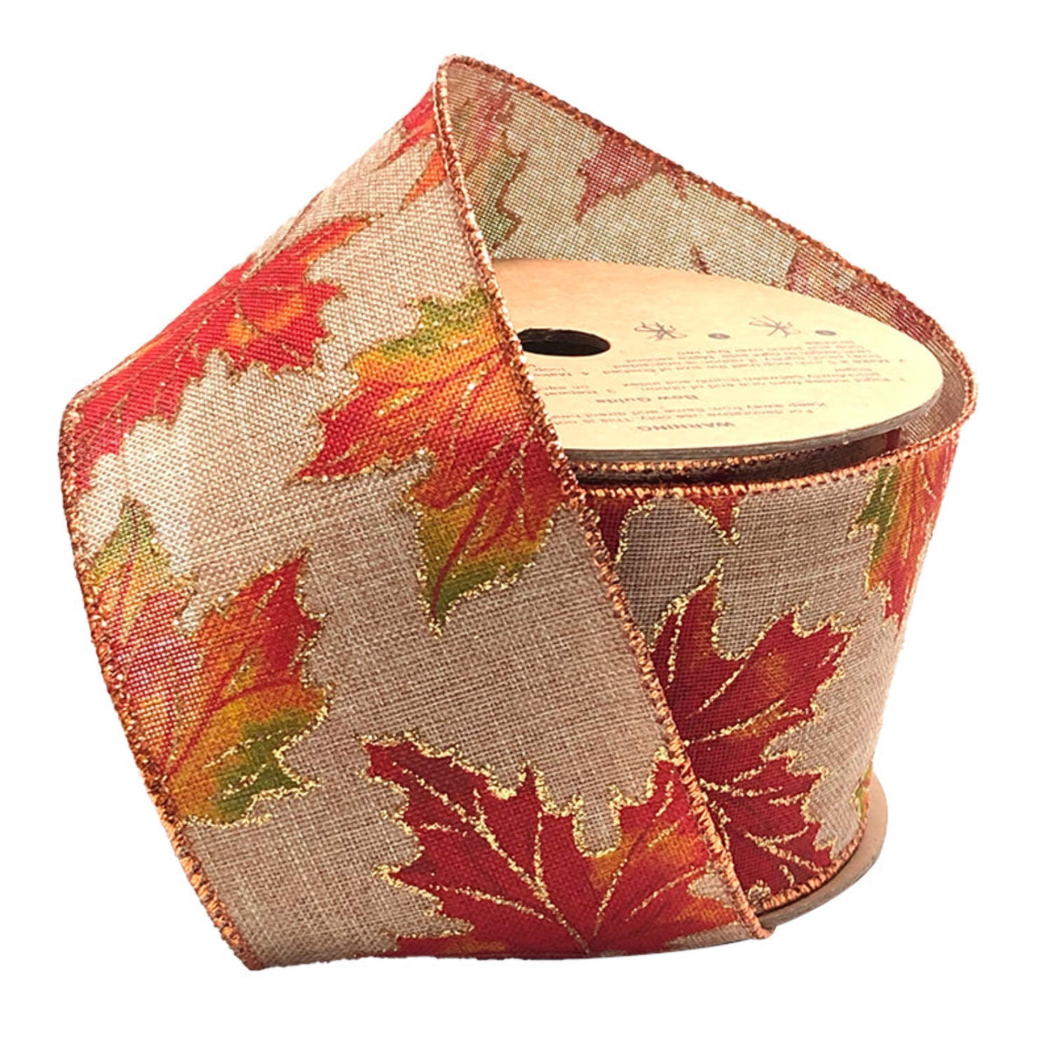 LaRibbons 2 1/2" Wired Ribbon | "Glitter Maple Leaf" Natural/Multi | 10 Yard Roll