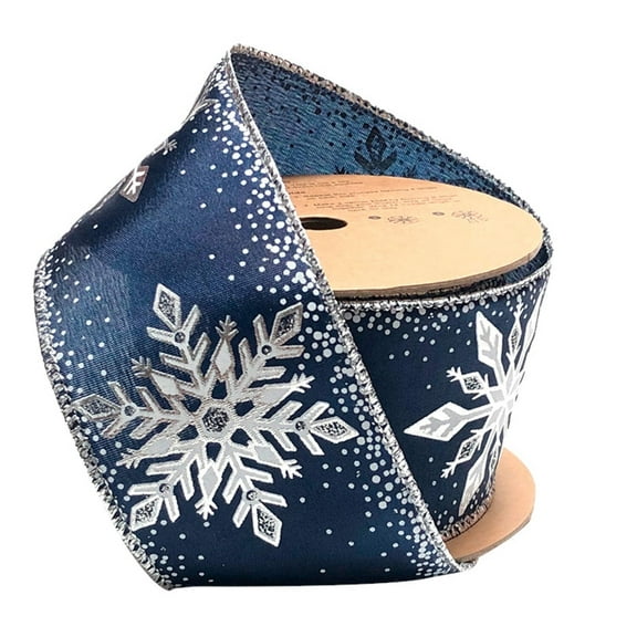 LaRibbons 2 1/2" Wired Ribbon | "Glitter Snowflake" Navy/Silver | 10 Yard Roll