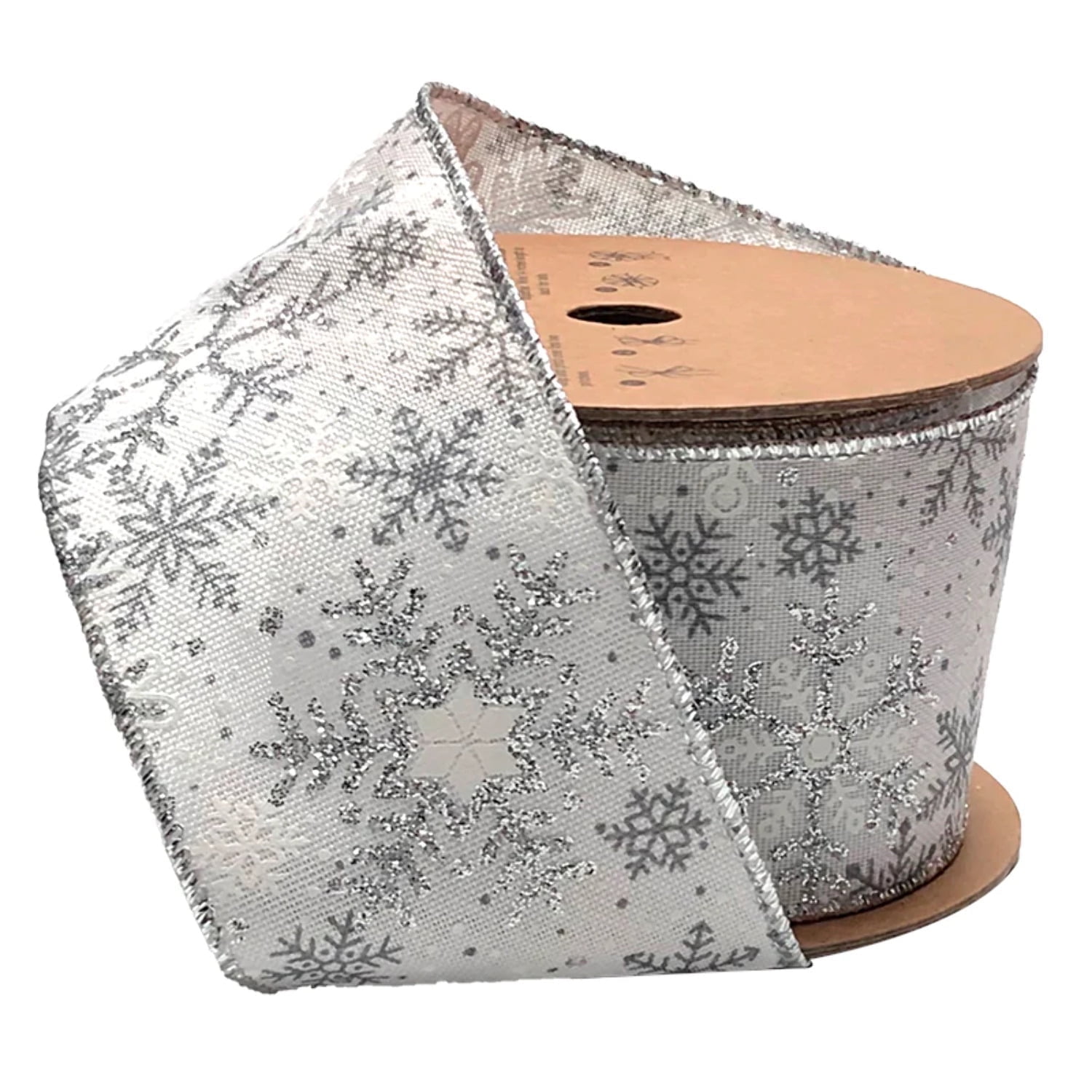 LaRibbons 2 1/2" Wired Ribbon, Silver Glitter Snowflake, 10 Yard Roll