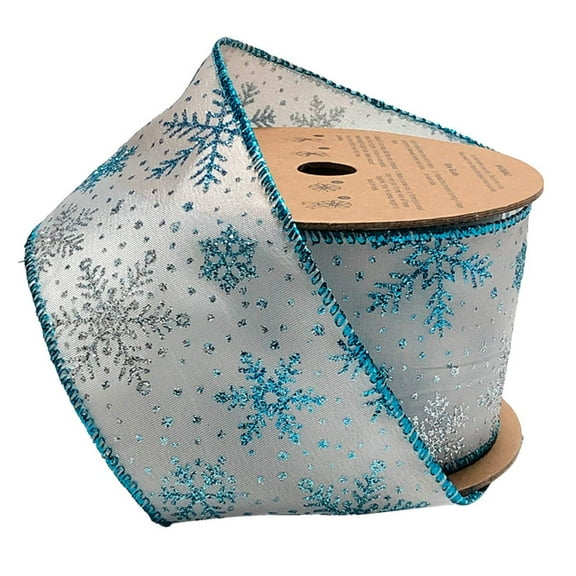 LaRibbons 2 1/2" Wired Ribbon | "Glitter Snowflake" White/Turquoise | 10 Yard Roll
